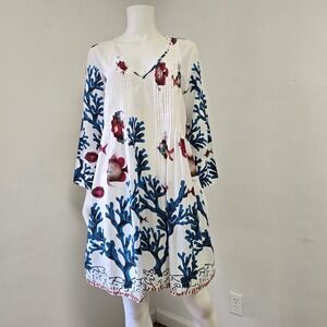 Soft Surroundings Seychelles Tunic Dress Fish Resort Cotton Beaded Trim Size M